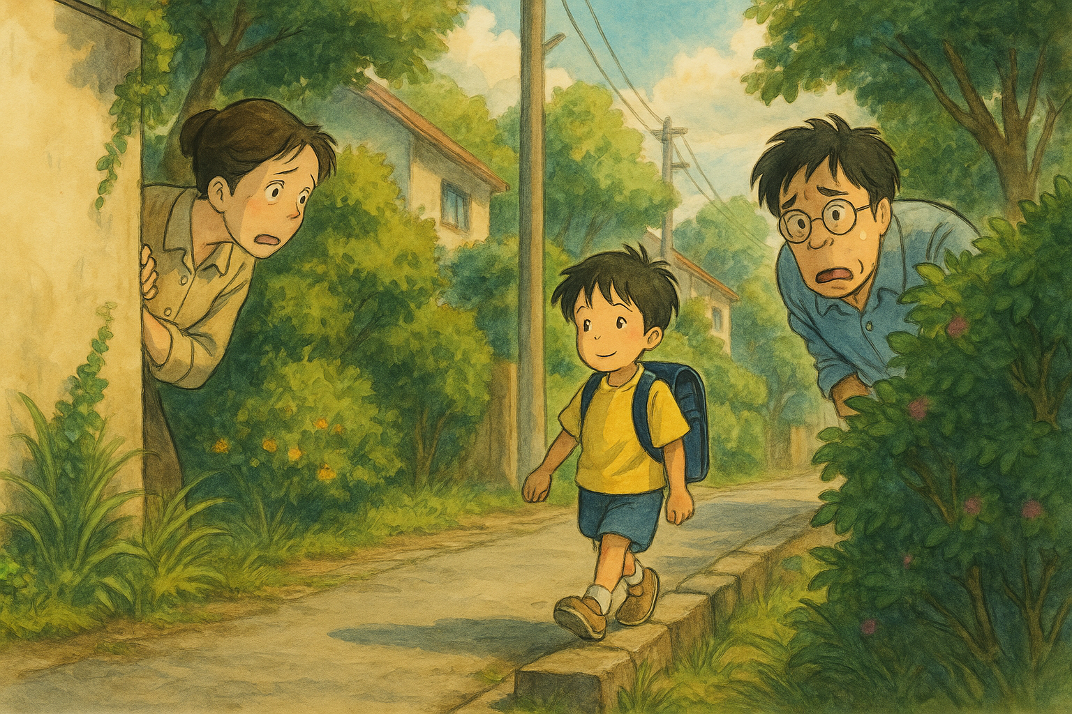 スパイのように子どもの下校を見守る両親と歩く小学生の男の子のジブリ風イラスト