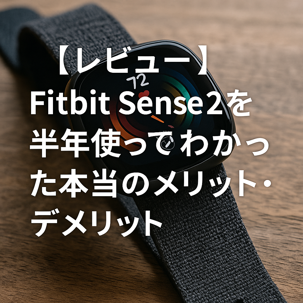 木のテーブルに置かれたFitbit Sense 2と「Fitbit Sense 2を半年使ってわかった本当のメリット・デメリット」という日本語テキスト