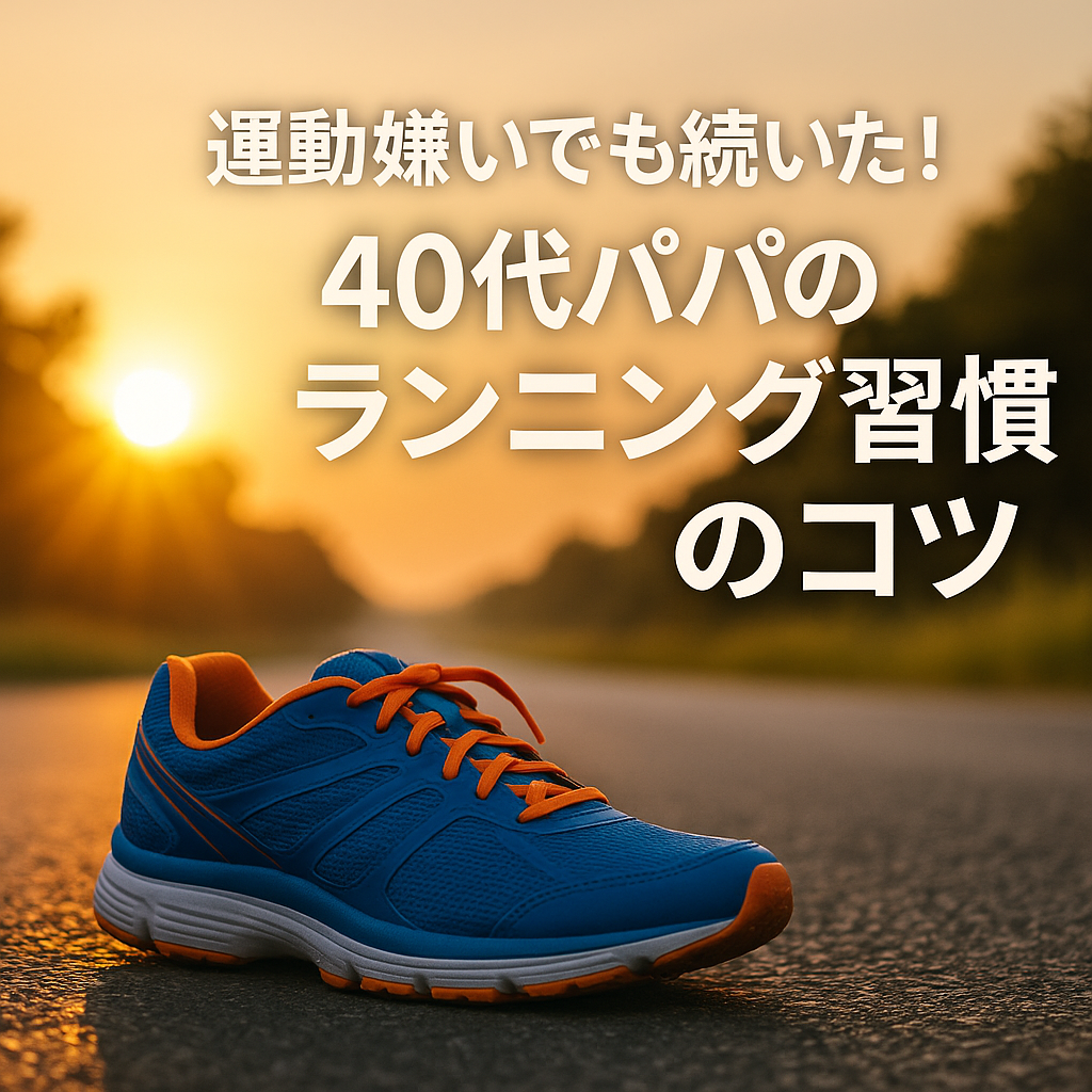 朝日を背景にアスファルトの上に置かれたランニングシューズと「運動嫌いでも続いた！40代パパのランニング習慣化のコツ」というテキスト