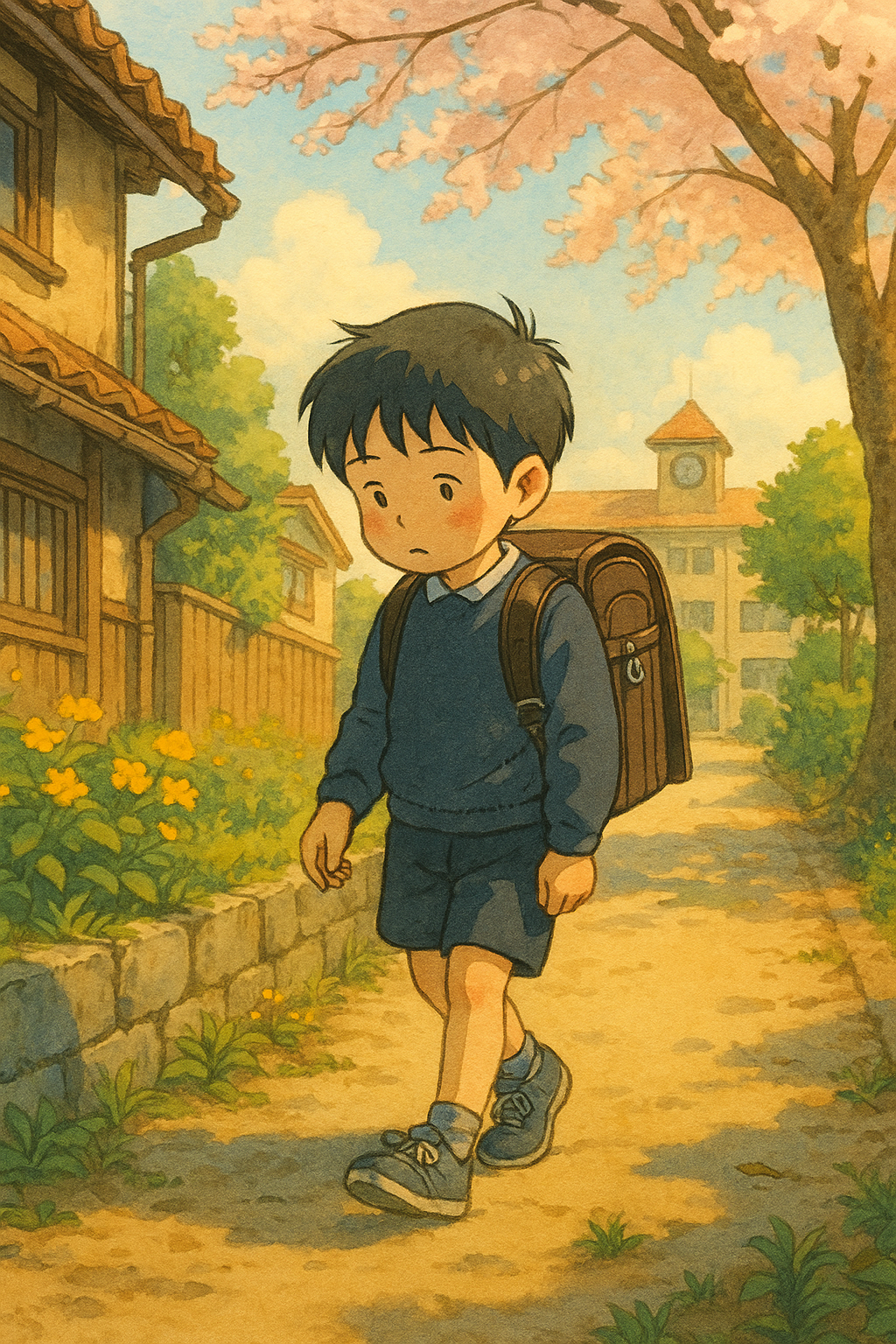 ランドセルを背負って登校する小学生の男の子のアニメ風イラスト