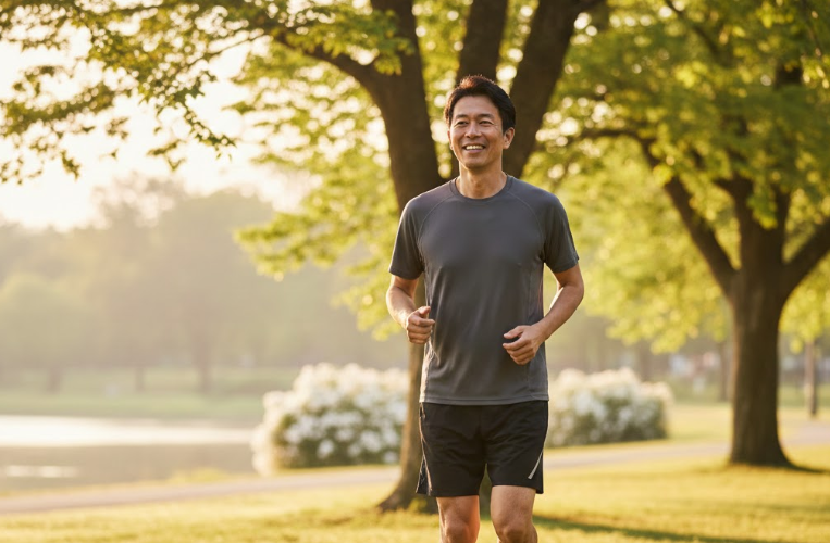 40代 フルマラソン 完走を目指して公園を走る男性ランナー