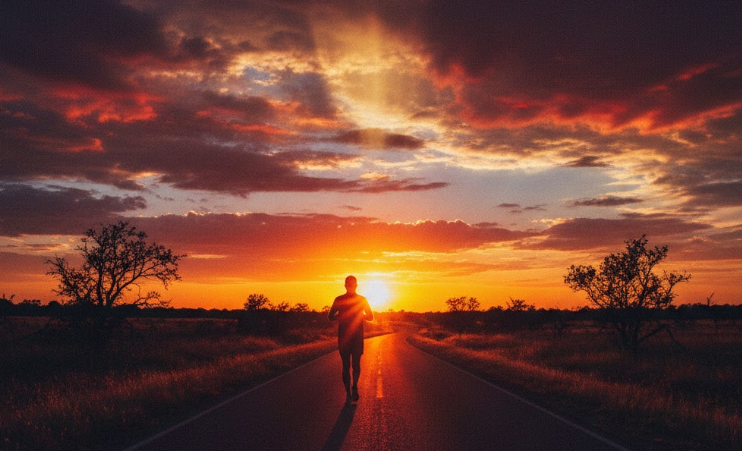 夕焼けの道路を走るランナーのシルエット