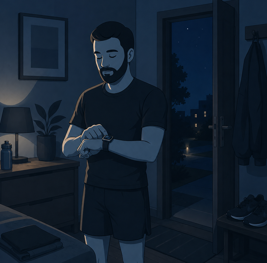 40代パパがランニング習慣のために夜ランの準備をしているイラスト